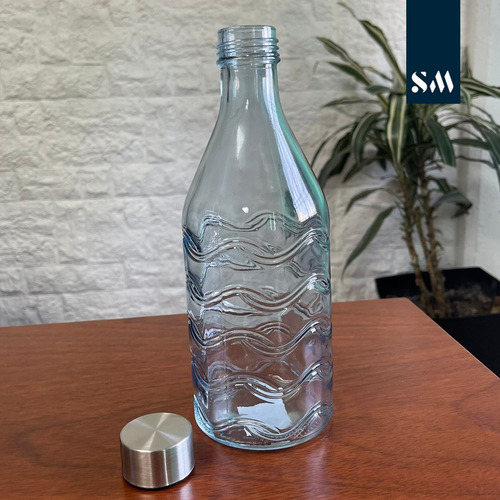 Botella De Vidrio Redonda Con Diseños Tapa De Metal 1 Litro