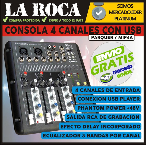 Consola Mixer Parquer Mip4a 4 Canales Usb Efectos Phantom