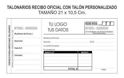 5 Talonarios Recibi, Recibo Oficial Con Talón + Tu Pulicidad