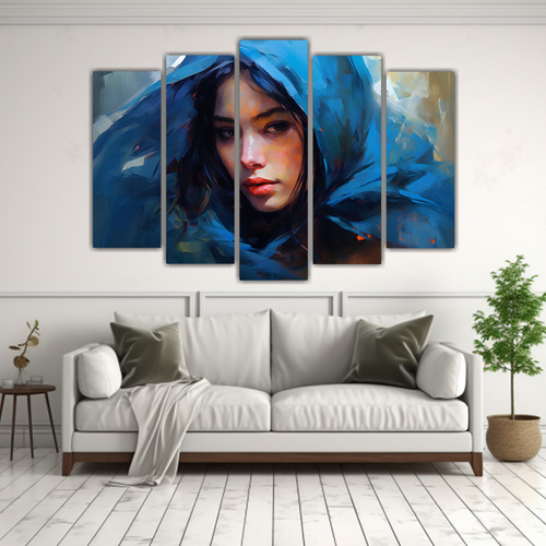 225x150cm Cuadro Mujer Con Pañuelo Azul En Bastidor De Made