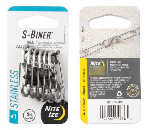 Nite Ize Sb1-11-6r3 S-biner - Mosquetón Doble, Tamaño #1, Acero Inoxidable, Paquete De 6