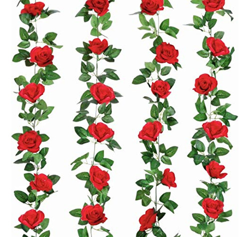 4 Paquetes De Guirnaldas De Flores Rojas De 32 Pies, Ba...