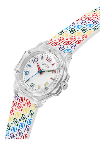 Reloj Guess Mini Hype Mujer Arcoiris Bisel Claro Fondo Blanco