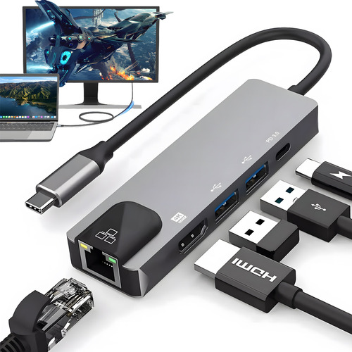 Adaptador De Hub Usb C5-em-1, Com Ethernet, 4k Hdmi, Usb 3.0