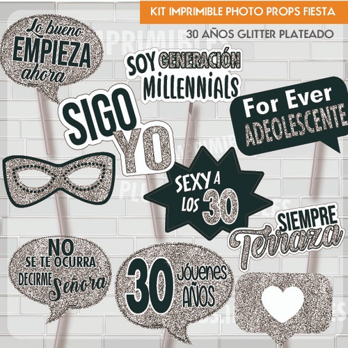 Imprimible Photoprops Cartelito Cumple 30 Años Simil Glitter Plateado Glitter