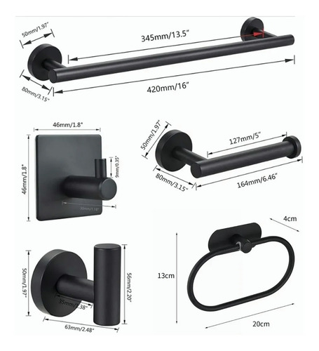 Imagen 4 de 9 de Set De 6 Accesorios De Baño Acero Inoxidable Negro Y Plata