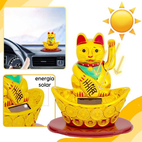 Gatito De La Suerte Fortuna Dorado Carga Energia Solar Auto