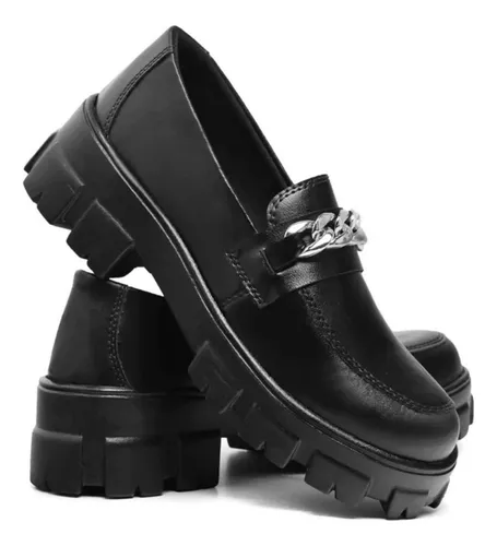 Mocassim Feminino Tratorado Plataforma Metal Corrente Barato