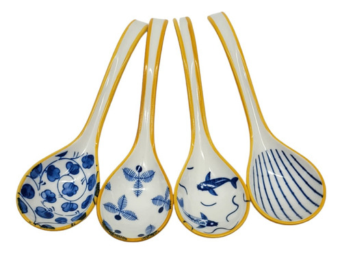 Set X 4 Cucharas De Ceramica Sopa Estilo Oriental Linea Azul