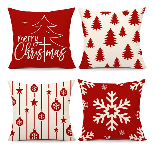 Fundas De Almohada Navideñas Rojas De 20x20 Juego De 4...