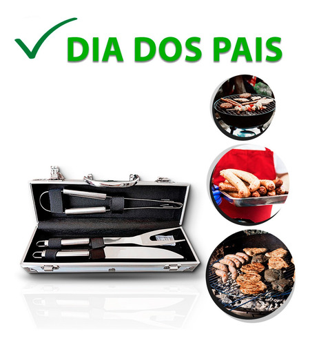 Imagem 1 de 7 de Kit Churrasco Maleta Inox Garfo Faca Pegador Dia Dos Pais