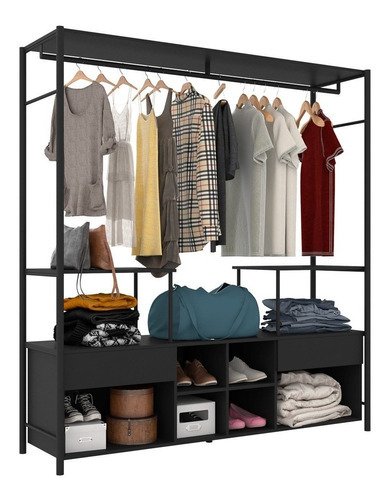 Guarda Roupa Closet Casal Industrial 174cm 2 Gavetas Barcelo Cor Preto/Demolição