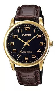 Reloj pulsera Casio Enticer MTP-V001 de cuerpo color dorado, analógico, para hombre, fondo negro, con correa de cuero color marrón, agujas color dorado, dial dorado, minutero/segundero dorado, bisel c