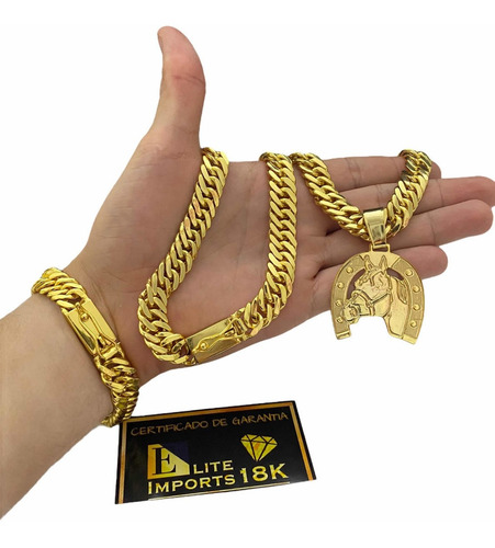 Cordão Pulseira E Pingente Cavalo Grumet Banhado A Ouro 13mm