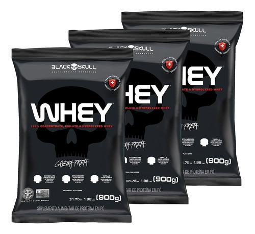 Kit 3x Whey 100% Pure Concentrado Iso Hidr - Black Skull Sabor Baunilha