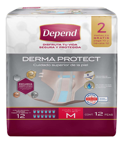 Pañales para Adulto Depend Dermaprotect Mediano 12 Pañales