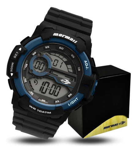 Relógio Masculino Mormaii Wave Digital Top Prova D'água 100m Cor Da Correia Preto Cor Do Bisel Azul Cor Do Fundo Cinza Lcd