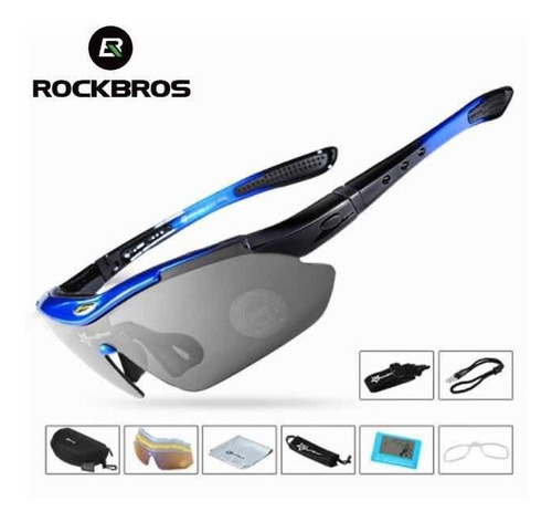 Oculos Rockbros 5 Lentes Com Estojo E Acessórios Azul