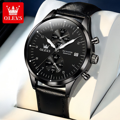 Relojes Cronógrafo De Piel Con Calendario, Casuales, De Olev Color Del Bisel Negro