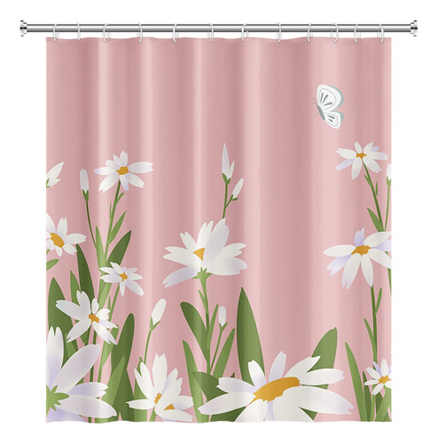 Cortina Ducha Flor Diseño Margarita Blanca Fondo Rosa Para X