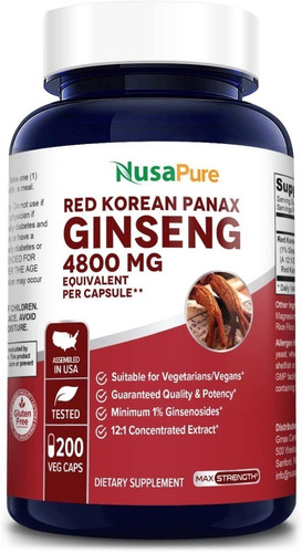 Imagen 1 de 7 de Ginseng Rojo Coreano Panax 4800mg Nusapure 200 Capsulas