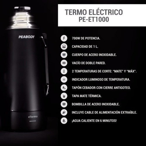 Imagen 7 de 8 de Termo Electrico Peabody E-termo 1l Mate Bombila Pe-et1001