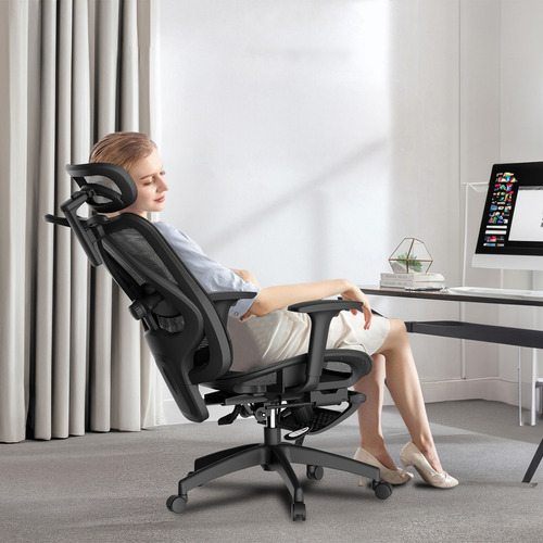 Silla De Escritorio Ergonómica Con Reposapiernas+percha Color Negro Material Del Tapizado Malla Transpirable