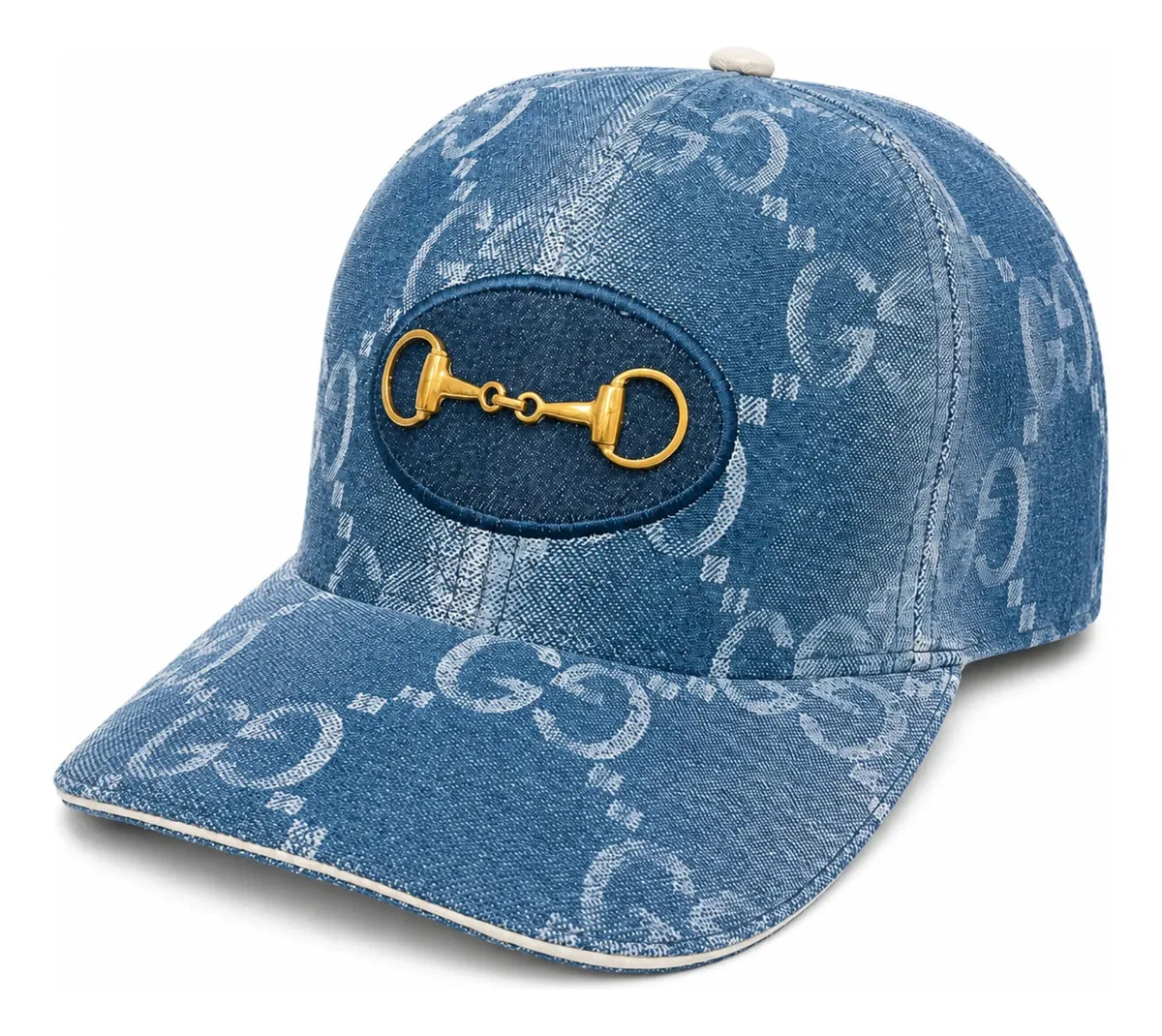 Boné Gucci Jeans Monograma Gg Com Detalhe Horsebit Dourado Azul Un Geométrico