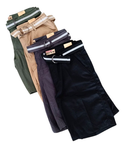 Bermuda Short De Gabardina Casual Con Bolsas Y Cinturon