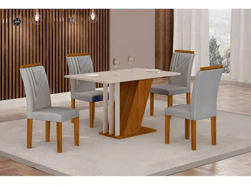 Conjunto Sala De Jantar Mesa Tampo Mdf/mdp Com 4 Cadeiras Freijo/offwhite/prata Veludo