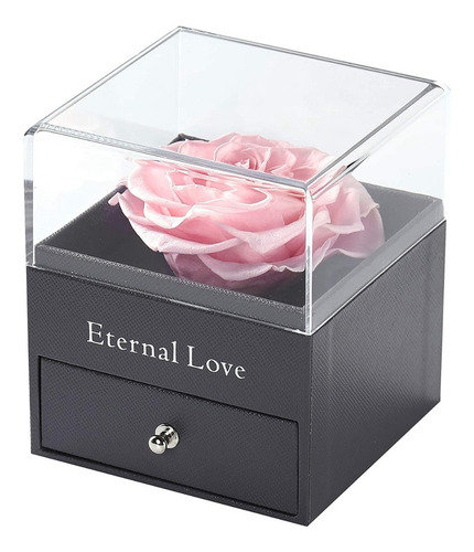 Rosa Real Eterna Y Collar Con Dije, Caja De Acrilico