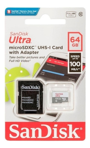 Memoria Sandisk Micro Sd 64 Gb Con Adapt Clase 10 Celulares