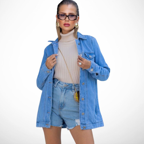 Jaqueta Casaco Jeans Feminina Longa Com Bolso E Botões