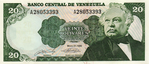 Billete 20 Bolívares 31 De Mayo 1990 Serial A8
