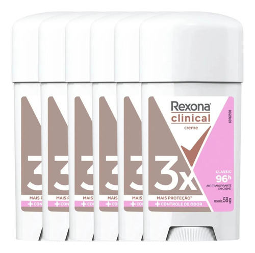 Kit 6 Desodorante Creme Rexona Clinical Fem Classic 96h 58g
