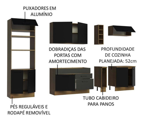 Cozinha Completa Madesa Agata 290001 C Armá Balcão S Tamp Rp Cor Rustic/Preto