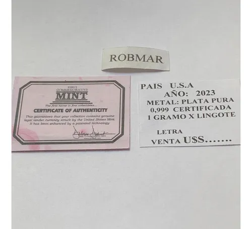 Robmar-lingote De 1 Gramo. Plata Pura 24k-0.999 Y Letra C