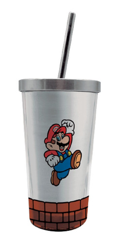 Copo Mario Bross De Aluminio Com Canudo 450ml