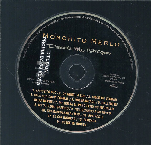 Monchito Merlo Album Desde Mi Origen Sello M&m Cd S/portad 