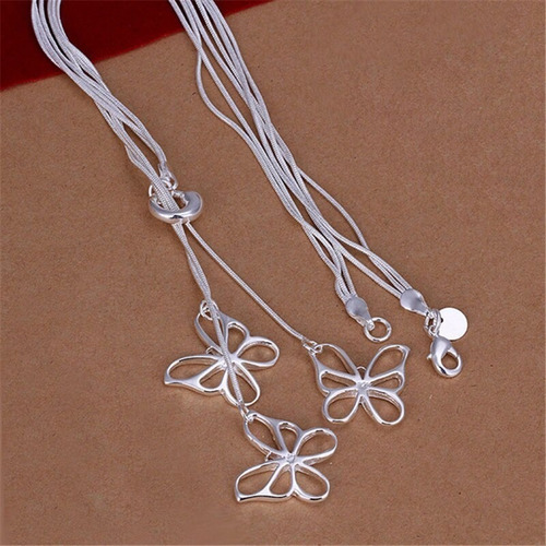 Collar Tres Cadenas De Serpientes Dije De Mariposas - Plata