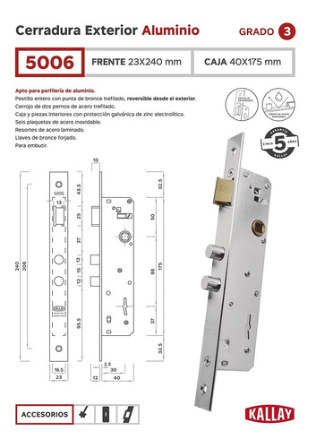 Imagen 2 de 5 de Cerradura Angosta Kallay 5006 Herrero Seguridad