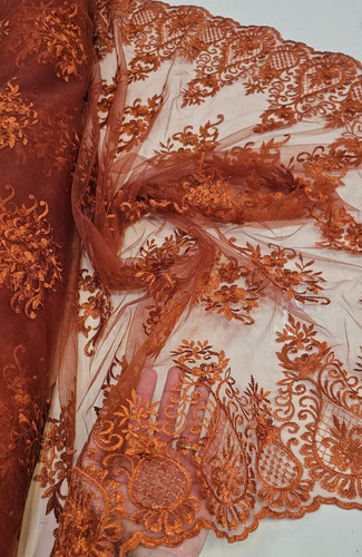 Tecido Tule Bordado Com Bico Terracota Ls2321d15