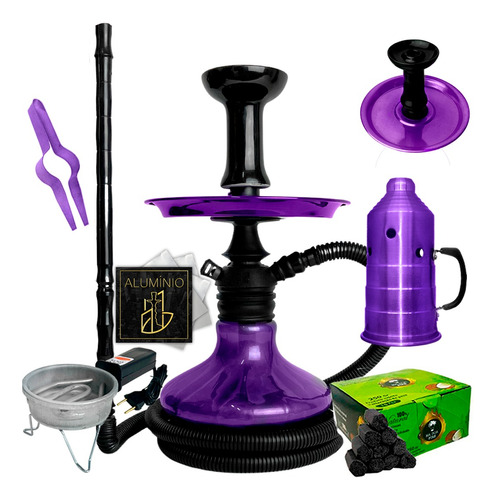 Narguile Completo Black Hookah Carvão Fogareiro Aluminio