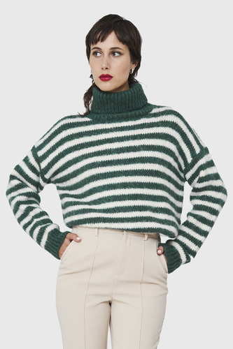 Sweater Holgado Rayado Cuello Alto Verde Nicopoly