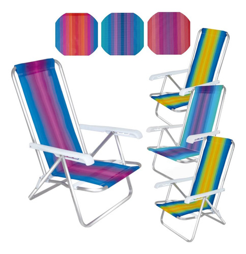 Kit 4 Cadeiras De Praia Alumínio Reclinável 4 Posições