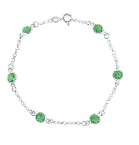 Pulseira Em Prata 925 Feminina 18cm Pedra Verde Zircônia