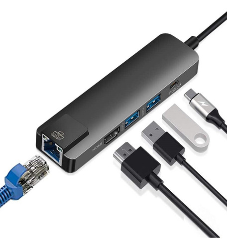 Adaptador Tipo C 5 Puertos 2 Usb 3.0 Hdmi Rj45 Lan Tipo C