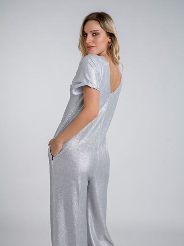 Mono Enterito Mujer Manga Corta Fiesta Glitter Felizfem Plateado Glitter Unico
