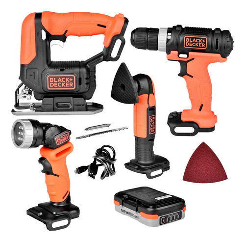 Kit Taladro Sierra Lijadora Linterna Batería Black Decker Bdck502c1