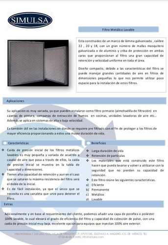 Filtro Metalico Lavable 20 X 25 X 02 / Simulsa